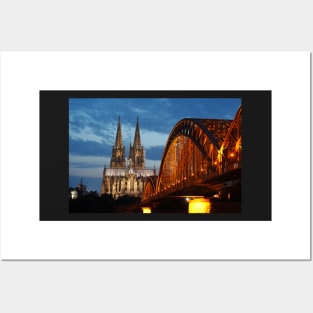 Cologne Cathedral, Dom, Hohenzollern Bridge, dusk, Cologne, Germany Posters and Art